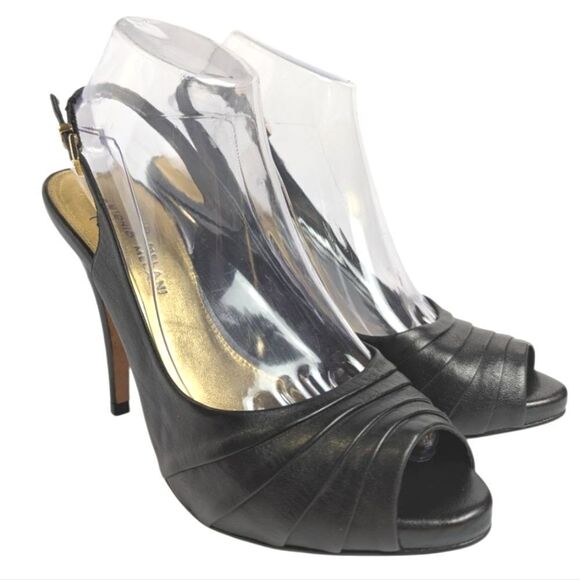 Antonio Melani Pleated Black Leather Peep Toe Slingback Heels Womens 9 - Picture 2 of 9